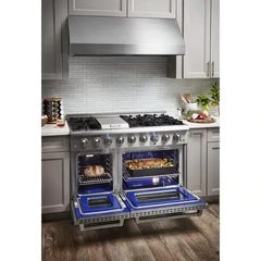 Thor Kitchen Package - 48 In. Propane Gas Burner, Electric Oven Range, Range Hood, Refrigerator, Microwave Drawer, Wine Cooler - The Home Selection