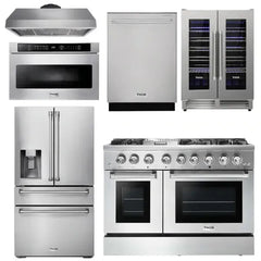 Thor Kitchen Package - 48 In. Propane Gas Burner, Electric Oven Range, Range Hood, Refrigerator, Microwave Drawer, Wine Cooler - The Home Selection