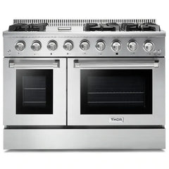 Thor Kitchen Package - 48 in. Propane Gas Range, Range Hood, Microwave Drawer - Stainless Steel Knobs - The Home Selection