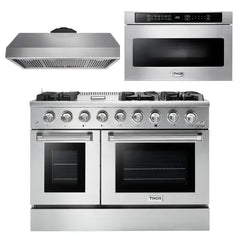 Thor Kitchen Package - 48 in. Propane Gas Range, Range Hood, Microwave Drawer - Stainless Steel Knobs - The Home Selection