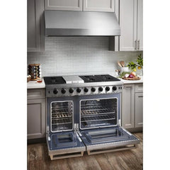 Thor Kitchen Package - 48 in. Propane Gas Range, Range Hood, Refrigerator, Dishwasher, Wine Cooler, Microwave - The Home Selection