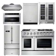 Thor Kitchen Professional Package 48 in. Gas Range, Range Hood, Refrigerator, Dishwasher, Microwave Drawer, Wine Cooler - The Home Selection