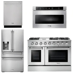 Thor Kitchen Professional Package - 48 in. Gas Range, Refrigerator with Water and Ice Dispenser, Dishwasher, Microwave Drawer - The Home Selection