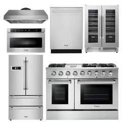 Thor Kitchen Professional Package 48 in. Propane Gas Range, Range Hood, Refrigerator, Dishwasher, Microwave Drawer, Wine Cooler - The Home Selection