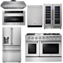 Thor Kitchen Professional Package 48 in. Propane Gas Range, Range Hood, Refrigerator with Water and Ice Dispenser, Dishwasher, Microwave Drawer, Wine Cooler - The Home Selection