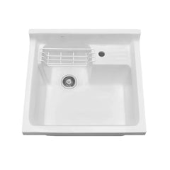 WHITEHAUS 21" Vitreous China Single Bowl, Drop-In Sink with Wire Basket and 3 ½ Inch Off Center Drain - WH474-53 - The Home Selection