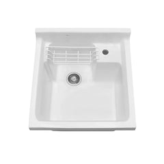 WHITEHAUS 24" Vitreous China Single Bowl, Drop-In Sink with Wire Basket and 3 ½ Inch Off Center Drain - WH474-60 - The Home Selection