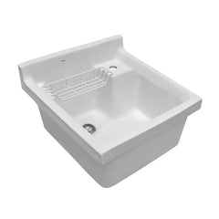 WHITEHAUS 24" Vitreous China Single Bowl, Drop-In Sink with Wire Basket and 3 ½ Inch Off Center Drain - WH474-60 - The Home Selection