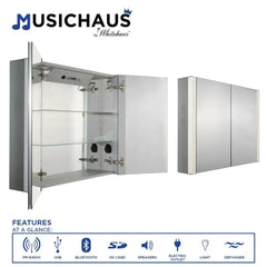 WHITEHAUS 27" Musichaus Double Mirrored Door Medicine Cabinet with USB, Sd Card, Bluetooth, Fm Radio, Speakers, Defogger, & Dimmer - WHFEL7089-S - The Home Selection