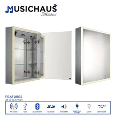 WHITEHAUS 27" Musichaus Single Mirrored Door Medicine Cabinet with USB, Sd Card, Bluetooth, Fm Radio, Speakers, Defogger, & Dimmer - WHLUN7055-OR - The Home Selection