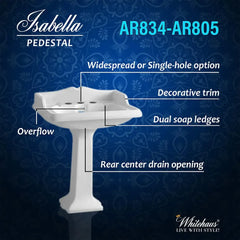WHITEHAUS 28″ Isabella Collection Traditional Pedestal with an Integrated Large Rectangular Bowl, Backsplash, Dual Soap Ledges, Decorative Trim and Overflow – AR834-AR805 - The Home Selection