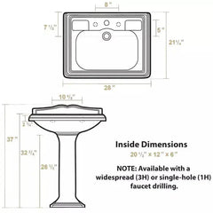 WHITEHAUS 28″ Isabella Collection Traditional Pedestal with an Integrated Large Rectangular Bowl, Backsplash, Dual Soap Ledges, Decorative Trim and Overflow – AR834-AR805 - The Home Selection