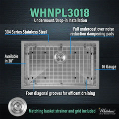 WHITEHAUS 30″ Noah plus Heavy Duty, 16 Gauge Single Bowl Dual-Mount Sink Set - WHNPL3018-BSS - The Home Selection