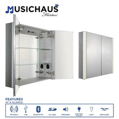WHITEHAUS 31" Musichaus Double Mirrored Door Medicine Cabinet with USB, Sd Card, Bluetooth, Fm Radio, Speakers, Defogger, & Dimmer - WHFEL8069-S - The Home Selection