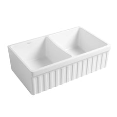 WHITEHAUS 33″ Quatro Alcove Reversible Farmhaus Fireclay Double Bowl Sink with a Fluted Front Apron and 2″ Lip - WHQDB332 - The Home Selection