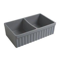 WHITEHAUS 33″ Quatro Alcove Reversible Farmhaus Fireclay Double Bowl Sink with a Fluted Front Apron and 2″ Lip - WHQDB332 - The Home Selection