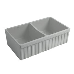 WHITEHAUS 33″ Quatro Alcove Reversible Farmhaus Fireclay Double Bowl Sink with a Fluted Front Apron and 2″ Lip - WHQDB332 - The Home Selection