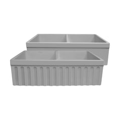 WHITEHAUS 33″ Quatro Alcove Reversible Farmhaus Fireclay Double Bowl Sink with a Fluted Front Apron and 2″ Lip - WHQDB332 - The Home Selection