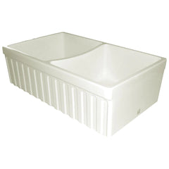 WHITEHAUS 33″ Quatro Alcove Reversible Farmhaus Fireclay Double Bowl Sink with a Fluted Front Apron and 2″ Lip - WHQDB332 - The Home Selection