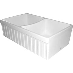 WHITEHAUS 33″ Quatro Alcove Reversible Farmhaus Fireclay Double Bowl Sink with a Fluted Front Apron and 2″ Lip - WHQDB332 - The Home Selection