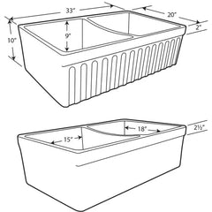 WHITEHAUS 33″ Quatro Alcove Reversible Farmhaus Fireclay Double Bowl Sink with a Fluted Front Apron and 2″ Lip - WHQDB332 - The Home Selection