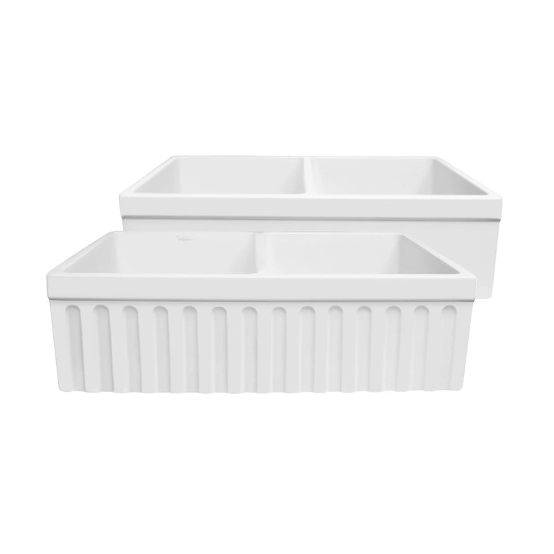 WHITEHAUS 33″ Quatro Alcove Reversible Farmhaus Fireclay Double Bowl Sink with a Fluted Front Apron and 2″ Lip - WHQDB332 - The Home Selection