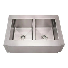 WHITEHAUS 36″ Noah’s Collection Brushed Stainless Steel Commercial Double Bowl Sink with a Decorative Notched Front Apron - WHNCMAP3621EQ - The Home Selection