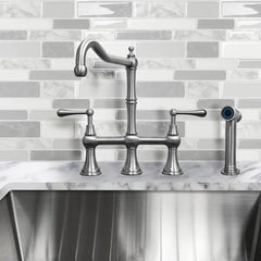 WHITEHAUS Lead-Free Solid Stainless Steel Bridge Faucet with a Traditional Spout, Lever Handles and Side Spray - WHSB14007-SK-BSS - The Home Selection