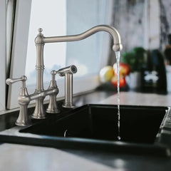 WHITEHAUS Lead-Free Solid Stainless Steel Bridge Faucet with a Traditional Spout, Lever Handles and Side Spray - WHSB14007-SK-BSS - The Home Selection