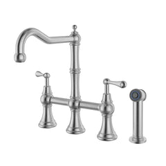 WHITEHAUS Lead-Free Solid Stainless Steel Bridge Faucet with a Traditional Spout, Lever Handles and Side Spray - WHSB14007-SK-BSS - The Home Selection