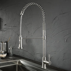 WHITEHAUS Lead Free, Solid Stainless Steel Commerical Single-Hole Faucet with Flexible Pull Down Spray Head, Swivel Spout Support Bar and Solid Lever Handle - WHS1634-SK - The Home Selection
