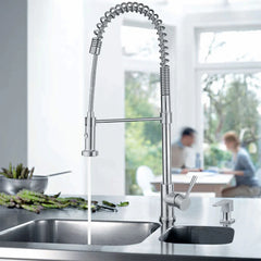 WHITEHAUS Lead Free, Solid Stainless Steel Commerical Single-Hole Faucet with Flexible Pull Down Spray Head, Swivel Spout Support Bar and Solid Lever Handle - WHS1634-SK - The Home Selection