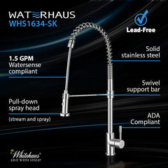 WHITEHAUS Lead Free, Solid Stainless Steel Commerical Single-Hole Faucet with Flexible Pull Down Spray Head, Swivel Spout Support Bar and Solid Lever Handle - WHS1634-SK - The Home Selection