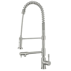 WHITEHAUS Lead Free, Solid Stainless Steel Commerical Single-Hole Faucet with Flexible Pull Down Spray Head, Swivel Support Bar & 2 Control Levers - WHS1644-SK - The Home Selection
