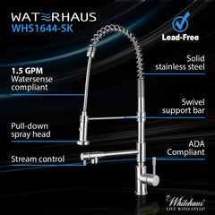 WHITEHAUS Lead Free, Solid Stainless Steel Commerical Single-Hole Faucet with Flexible Pull Down Spray Head, Swivel Support Bar & 2 Control Levers - WHS1644-SK - The Home Selection