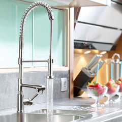 WHITEHAUS Lead Free, Solid Stainless Steel Commerical Single-Hole Faucet with Flexible Pull Down Spray Head, Swivel Support Bar & 2 Control Levers - WHS1644-SK - The Home Selection