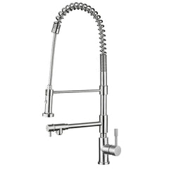 WHITEHAUS Lead Free, Solid Stainless Steel Commerical Single-Hole Faucet with Flexible Pull Down Spray Head, Swivel Support Bar & 2 Control Levers - WHS1644-SK - The Home Selection