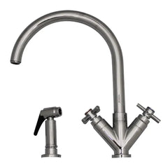 WHITEHAUS Luxe+ Dual Handle Faucet with Gooseneck Swivel Spout, “V” Cross Style Handles and Solid Brass Side Spray – 3–03942CH85 - The Home Selection