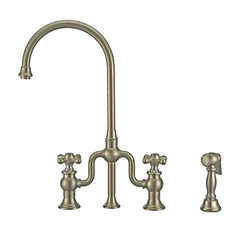 WHITEHAUS Twisthaus plus Bridge Faucet with Gooseneck Swivel Spout, Cross Handles and Solid Brass Side Spray - WHTTSCR3-9773-NT - The Home Selection