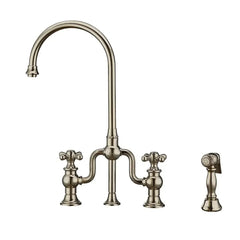 WHITEHAUS Twisthaus plus Bridge Faucet with Gooseneck Swivel Spout, Cross Handles and Solid Brass Side Spray - WHTTSCR3-9773-NT - The Home Selection