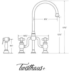 WHITEHAUS Twisthaus plus Bridge Faucet with Gooseneck Swivel Spout, Cross Handles and Solid Brass Side Spray - WHTTSCR3-9773-NT - The Home Selection