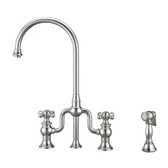 WHITEHAUS Twisthaus plus Bridge Faucet with Gooseneck Swivel Spout, Cross Handles and Solid Brass Side Spray - WHTTSCR3-9773-NT - The Home Selection
