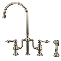 WHITEHAUS Twisthaus plus Bridge Faucet with Gooseneck Swivel Spout, Lever Handles and Solid Brass Side Spray - WHTTSLV3-9773-NT - The Home Selection