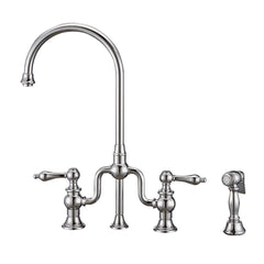 WHITEHAUS Twisthaus plus Bridge Faucet with Gooseneck Swivel Spout, Lever Handles and Solid Brass Side Spray - WHTTSLV3-9773-NT - The Home Selection