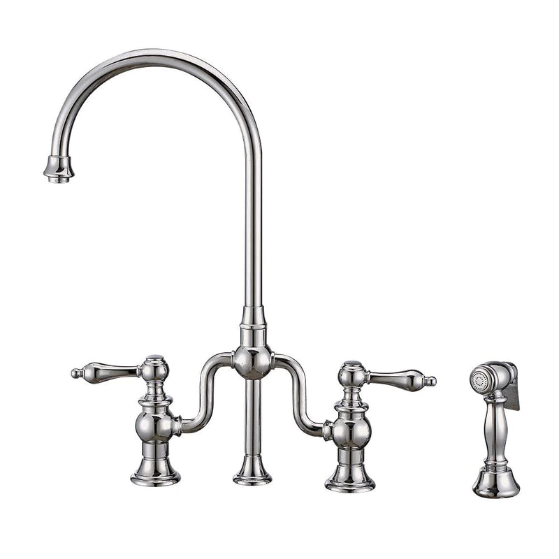 WHITEHAUS Twisthaus plus Bridge Faucet with Gooseneck Swivel Spout, Lever Handles and Solid Brass Side Spray - WHTTSLV3-9773-NT - The Home Selection