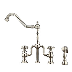 WHITEHAUS Twisthaus plus Bridge Faucet with Long Traditional Swivel Spout, Cross Handles and Solid Brass Side Spray - WHTTSCR3-9771-NT - The Home Selection