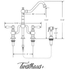 WHITEHAUS Twisthaus plus Bridge Faucet with Long Traditional Swivel Spout, Lever Handles and Solid Brass Side Spray - WHTTSLV3-9771-NT - The Home Selection