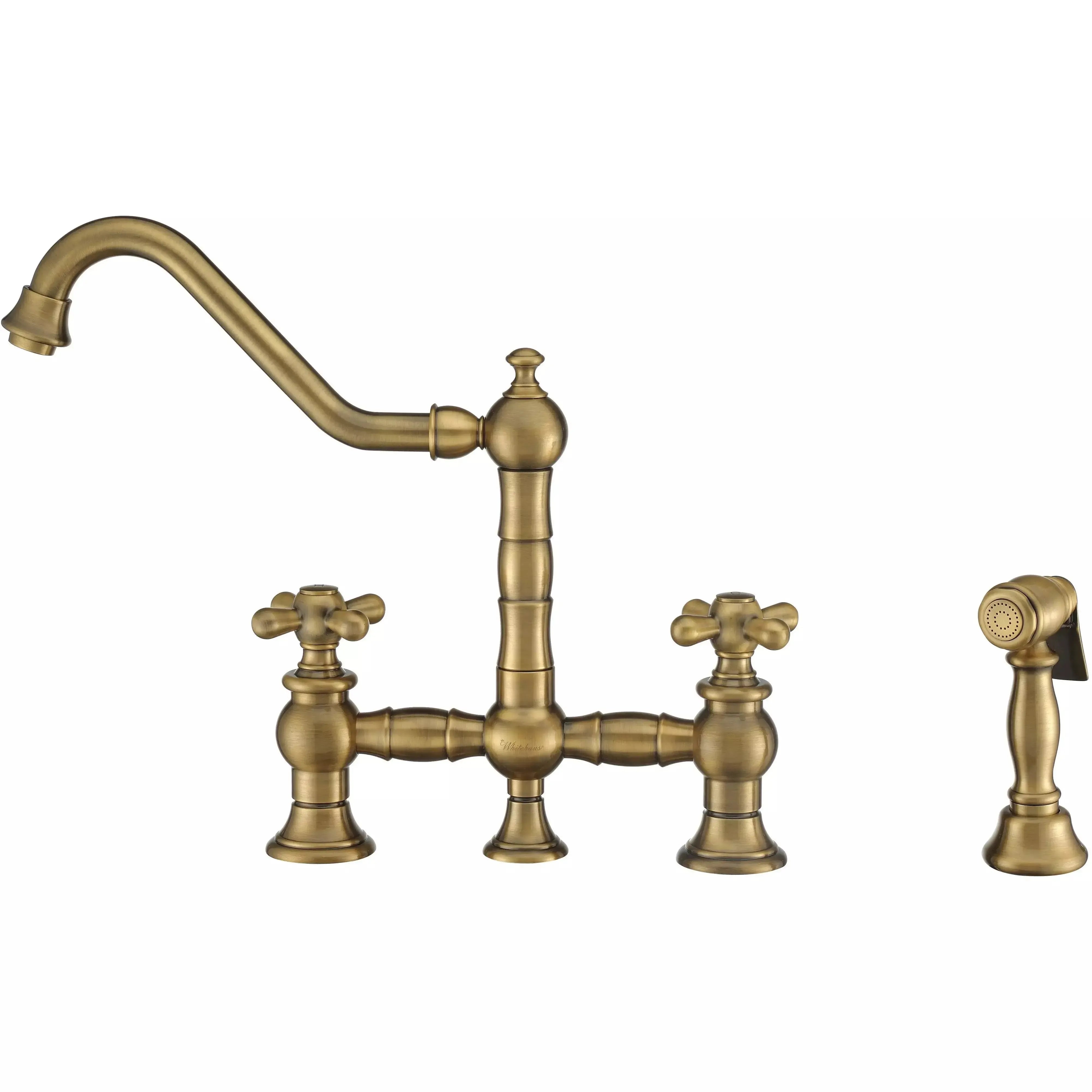 WHITEHAUS Vintage III plus Bridge Faucet with Long Traditional Swivel Spout, Cross Handles and Solid Brass Side Spray - WHKBTCR3-9201-NT - The Home Selection