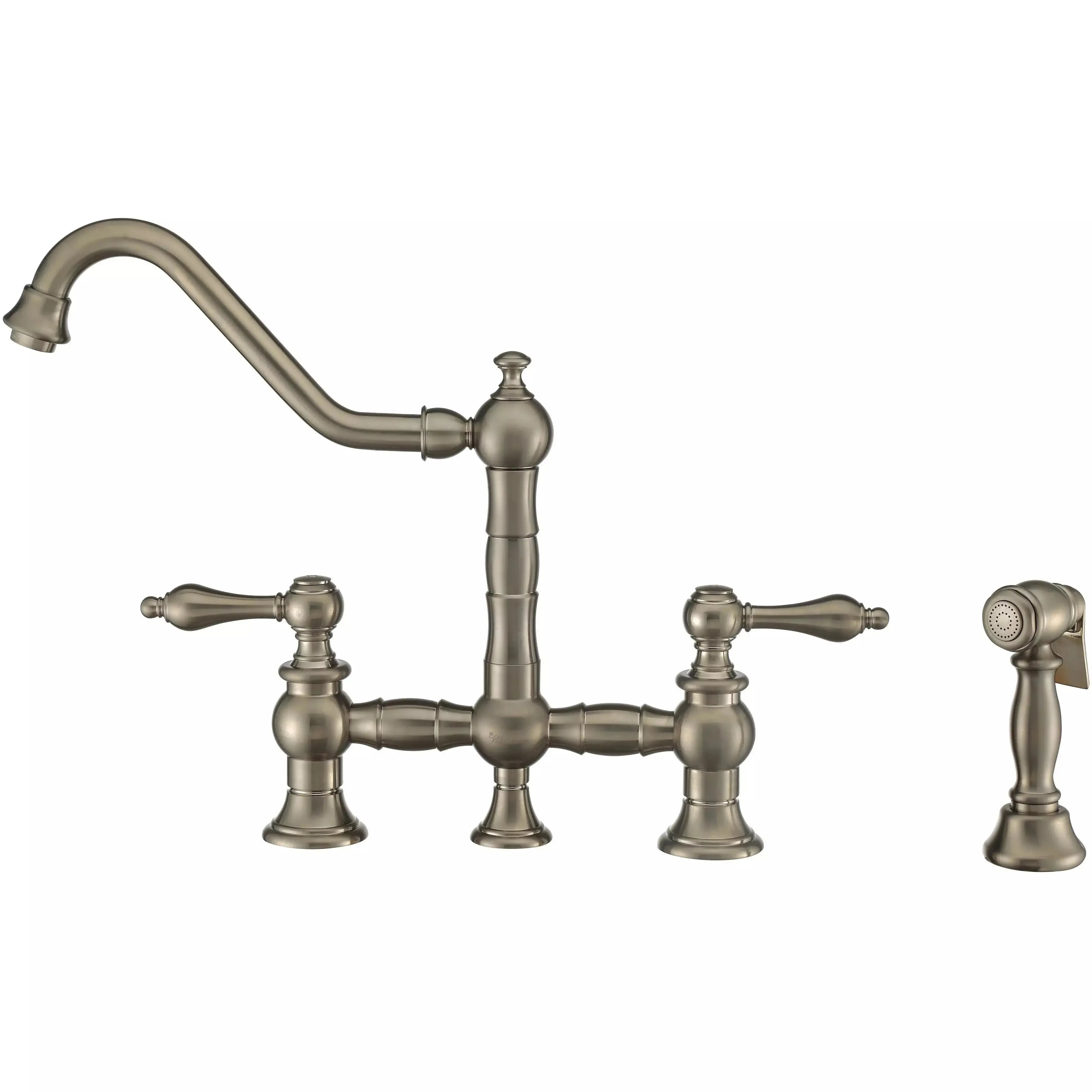 WHITEHAUS Vintage III plus Bridge Faucet with Long Traditional Swivel Spout, Lever Handles and Solid Brass Side Spray - WHKBTLV3-9201-NT - The Home Selection