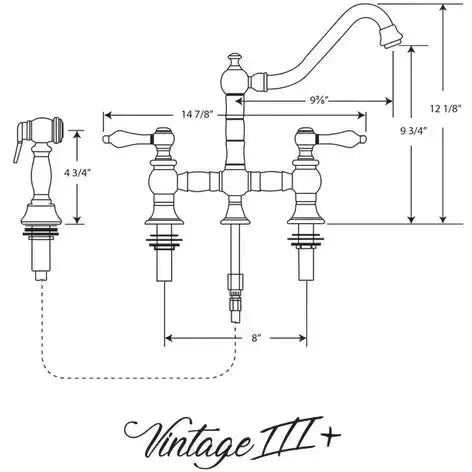 WHITEHAUS Vintage III plus Bridge Faucet with Long Traditional Swivel Spout, Lever Handles and Solid Brass Side Spray - WHKBTLV3-9201-NT - The Home Selection